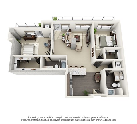 Floor plan for 2 beds, 2 baths, 1227 sqft